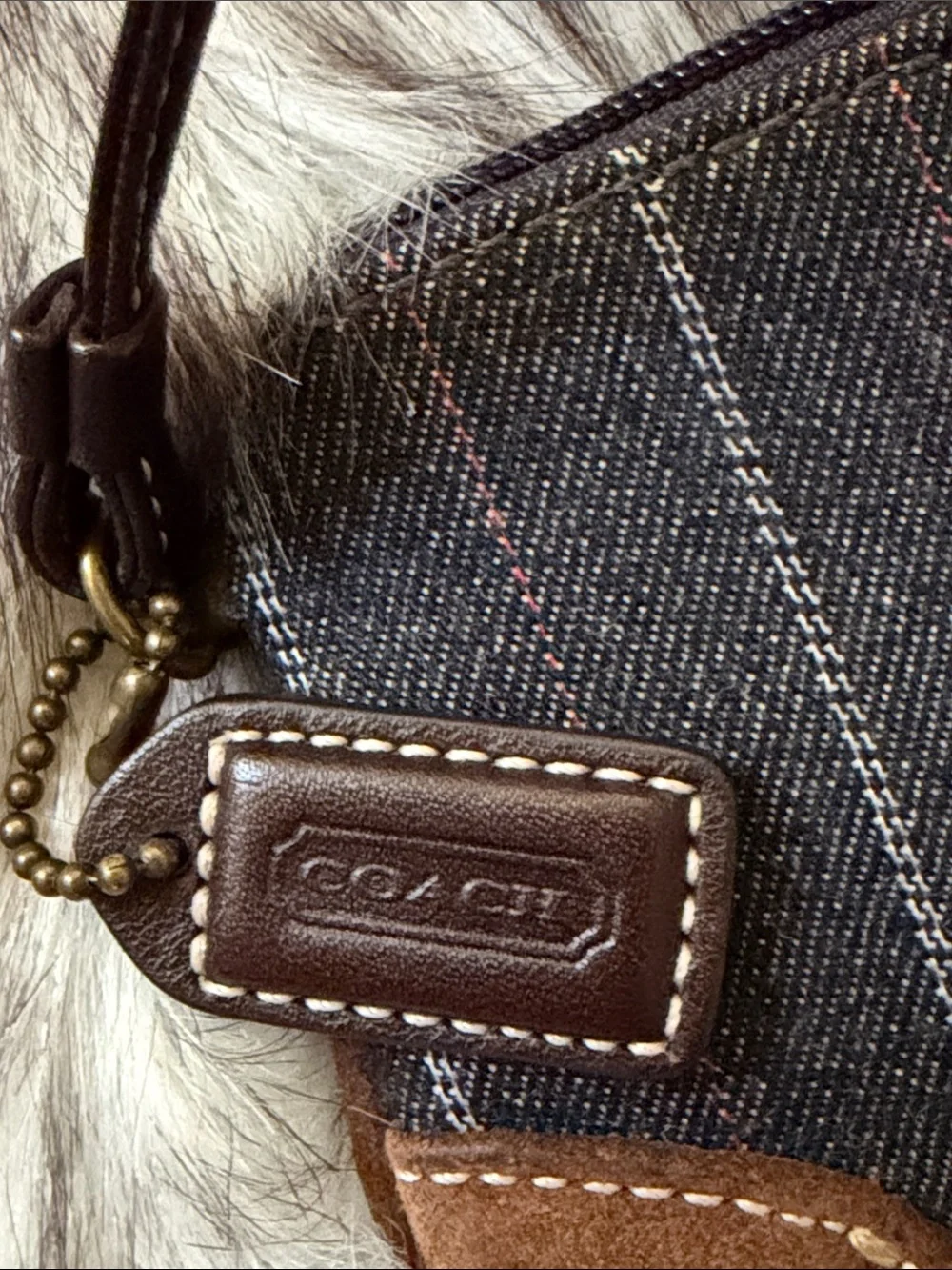 Coach denim Pinstripe Wristlet with Brown Suede Trim